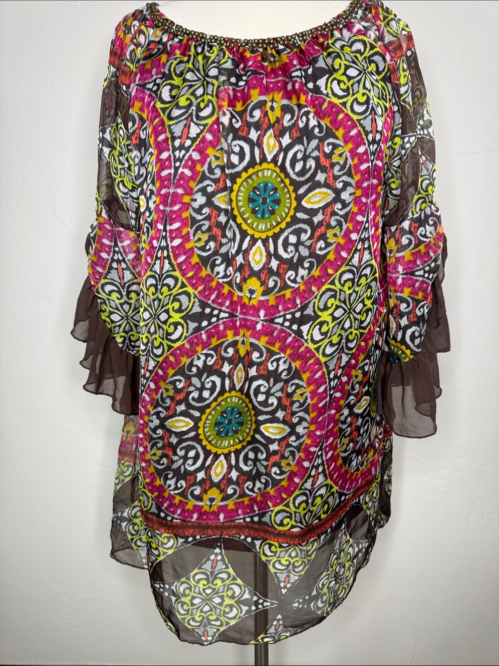 Urban Mangoz Lined Geometric Dress/Tunic With Ruffle Sleeve & Bead Detail